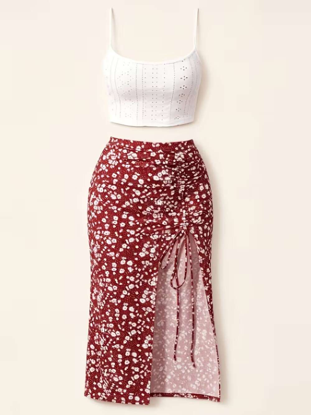 Red & White Floral Shirt Lace Top Set